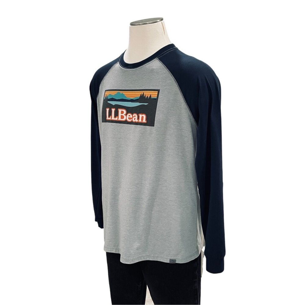 L.L.Bean Mens Long Sleeve Raglan Tee Slightly Fitted L Gray & Navy Cotton Blend - Picture 7 of 8